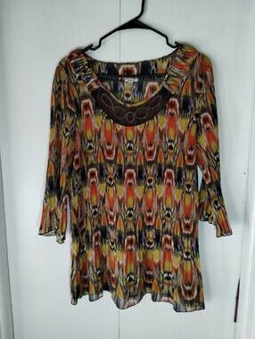 NICOLA Orange, Yellow & Brown Patterned Tunic with Embellished Neck